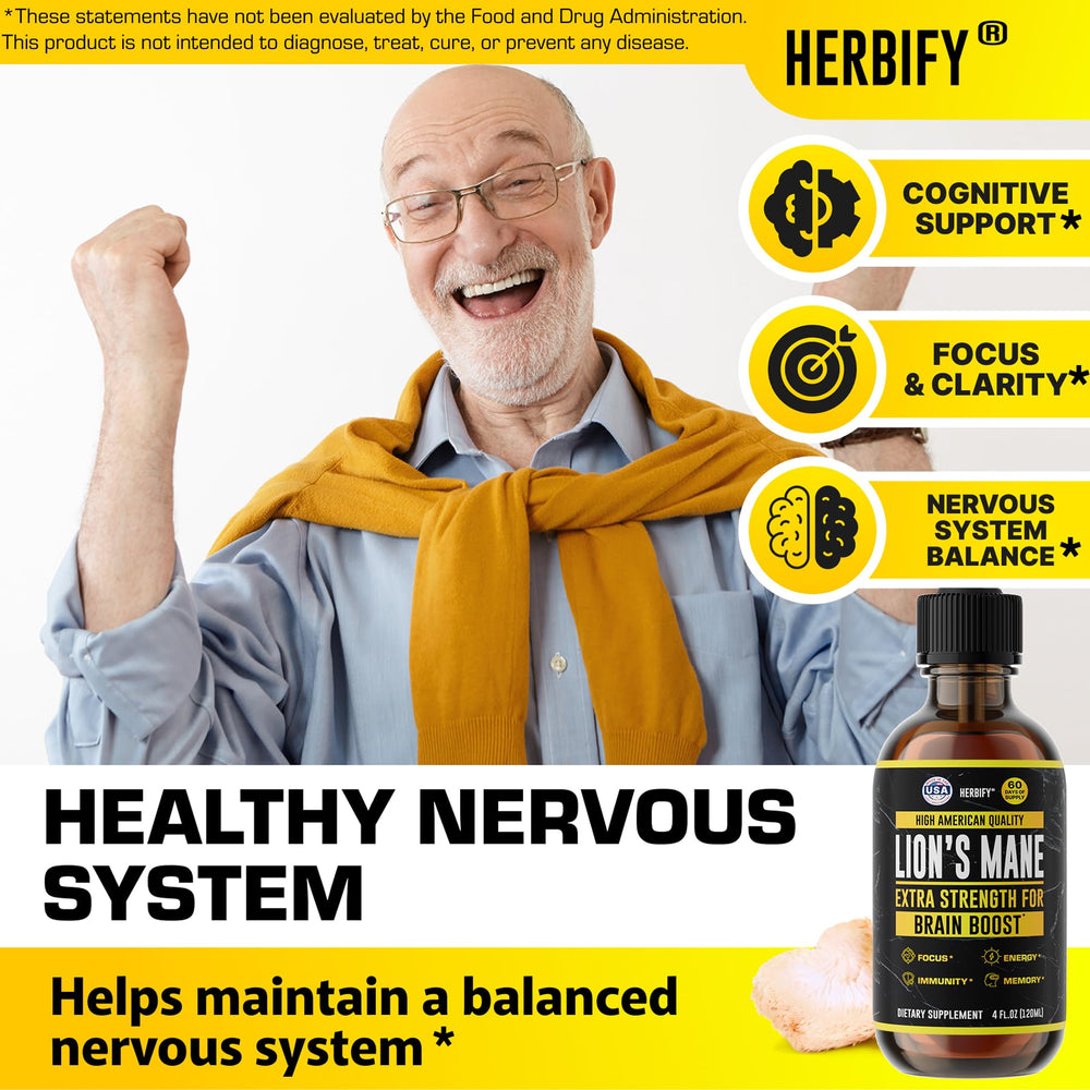 Glass dropper with HERBIFY Lions Mane supports mood and mental sharpness.