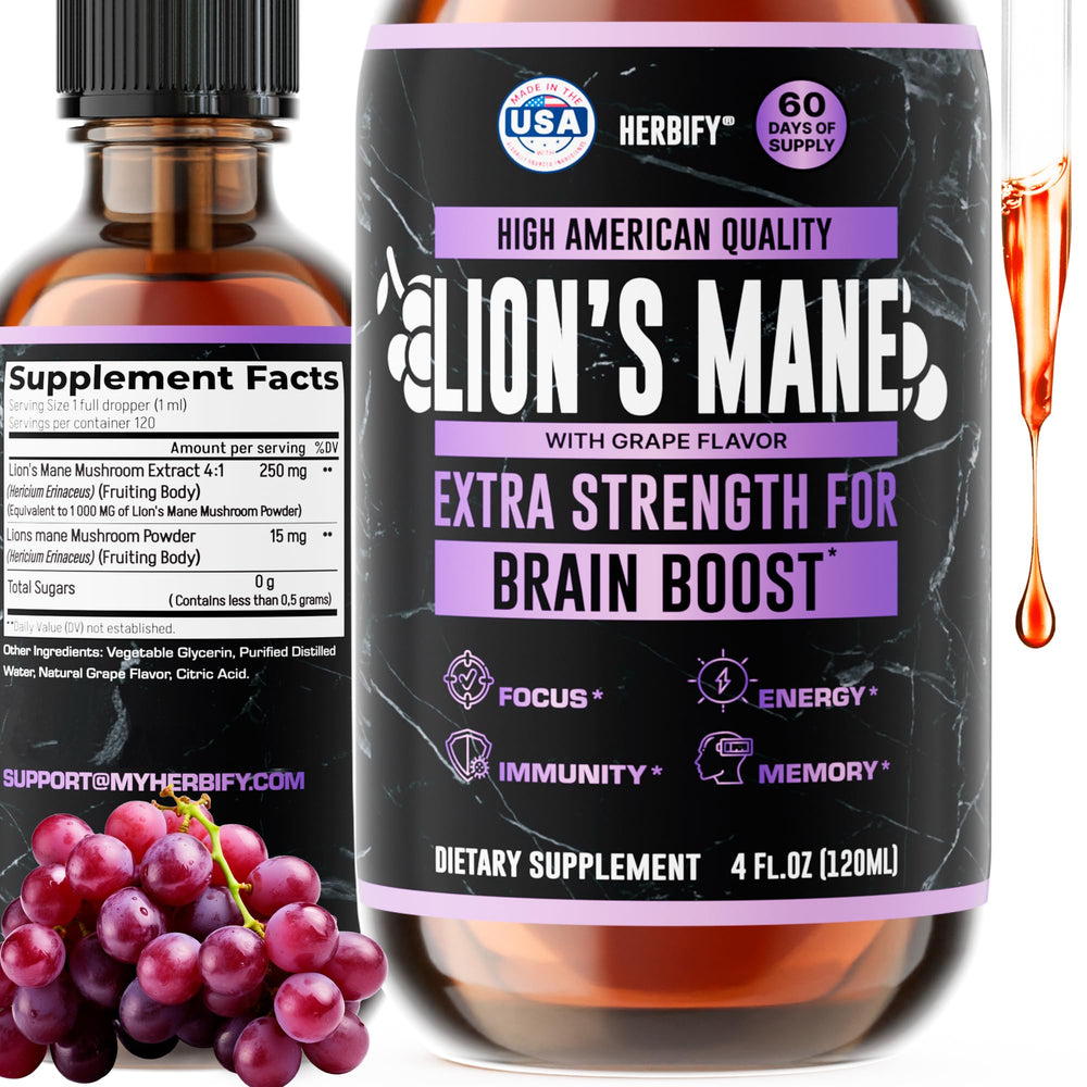Herbify Lions Mane tincture bottle prepared for daily focus support.