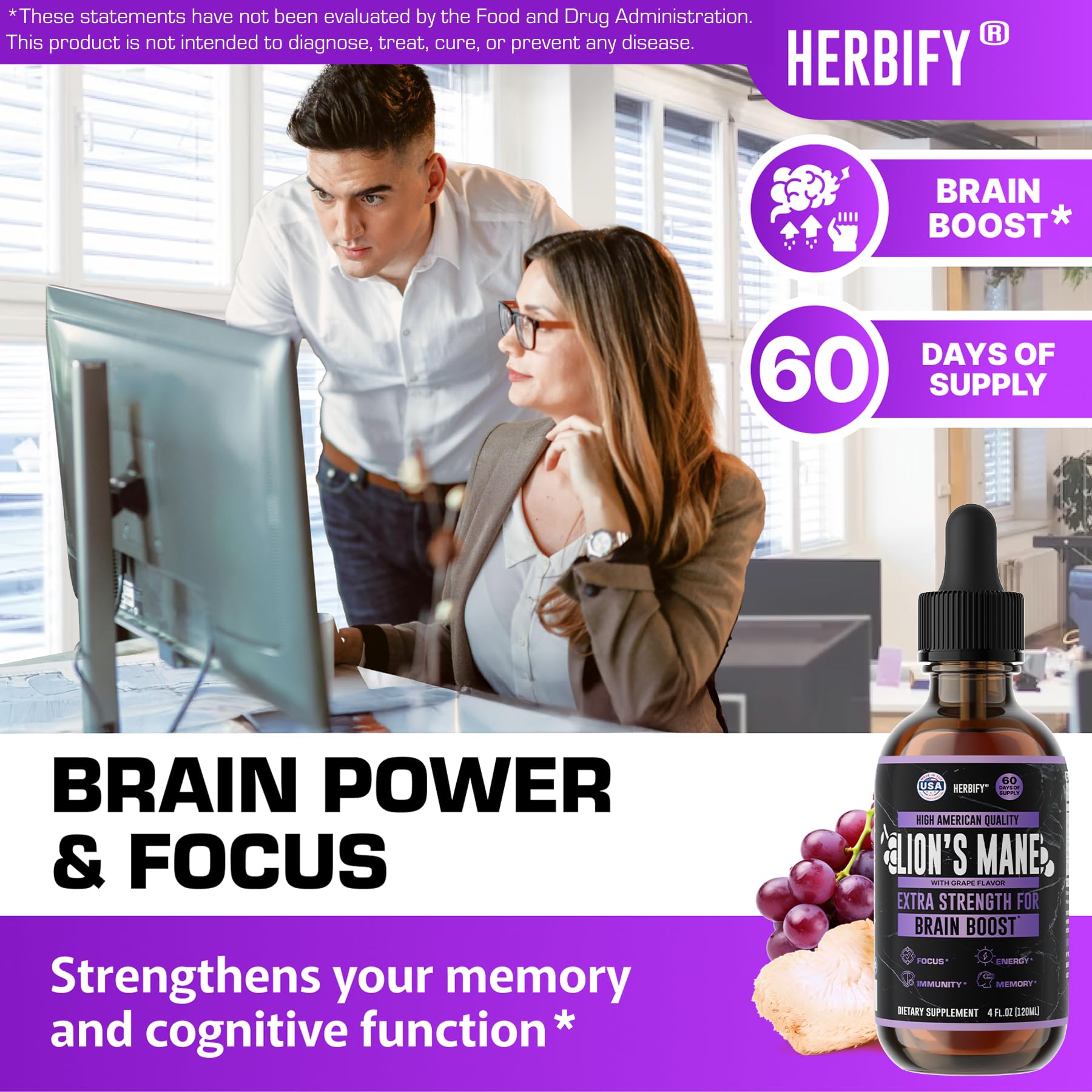 Herbify Lions Mane tincture dropper delivering convenient daily dose.