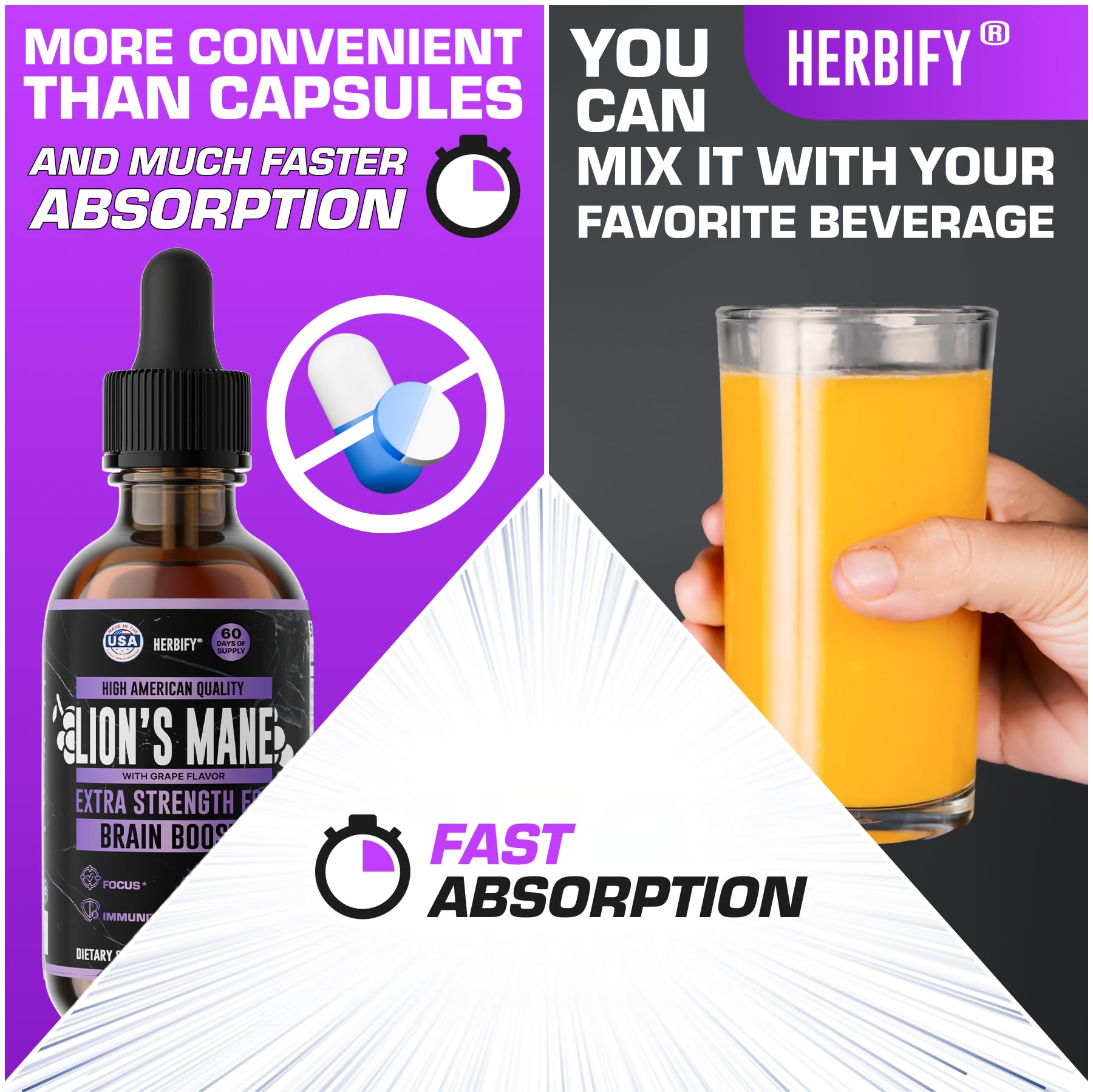 Several drops of Herbify Lions Mane ready for a focus-boosting routine.