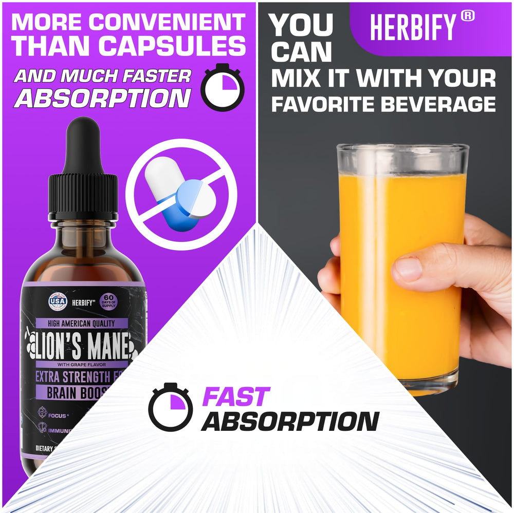 Several drops of Herbify Lions Mane ready for a focus-boosting routine.