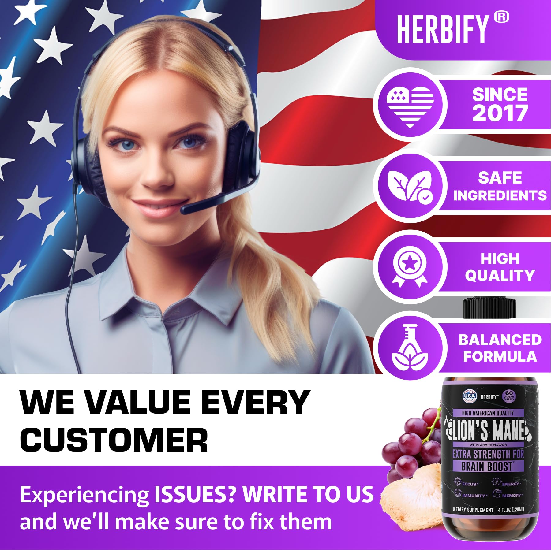 Herbify Lions Mane grape flavor bottle inviting easy daily use for focus.