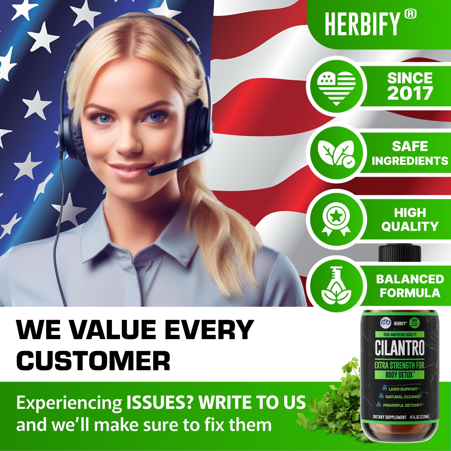 USA-made packaging shot featuring natural cilantro imagery.