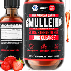 HERBIFY Mullein Drops bottle with strawberry flavor supports respiratory comfort and daily wellness.