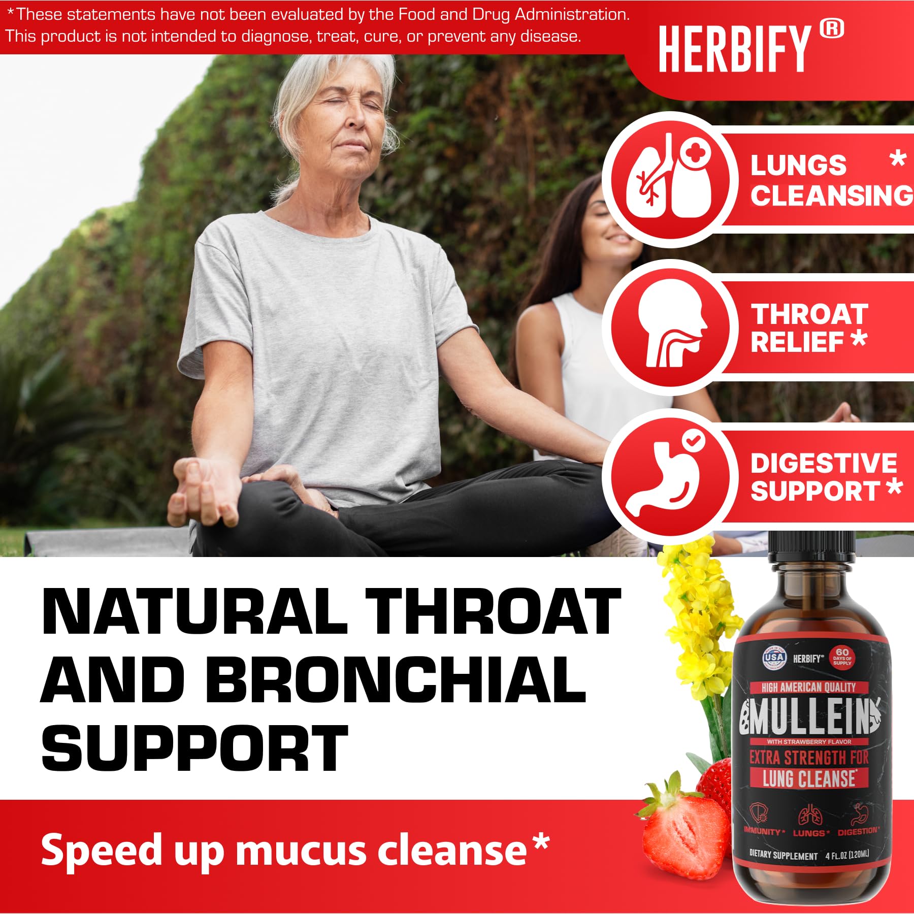 HERBIFY Mullein Drops label highlights USA-made quality and strawberry flavor.