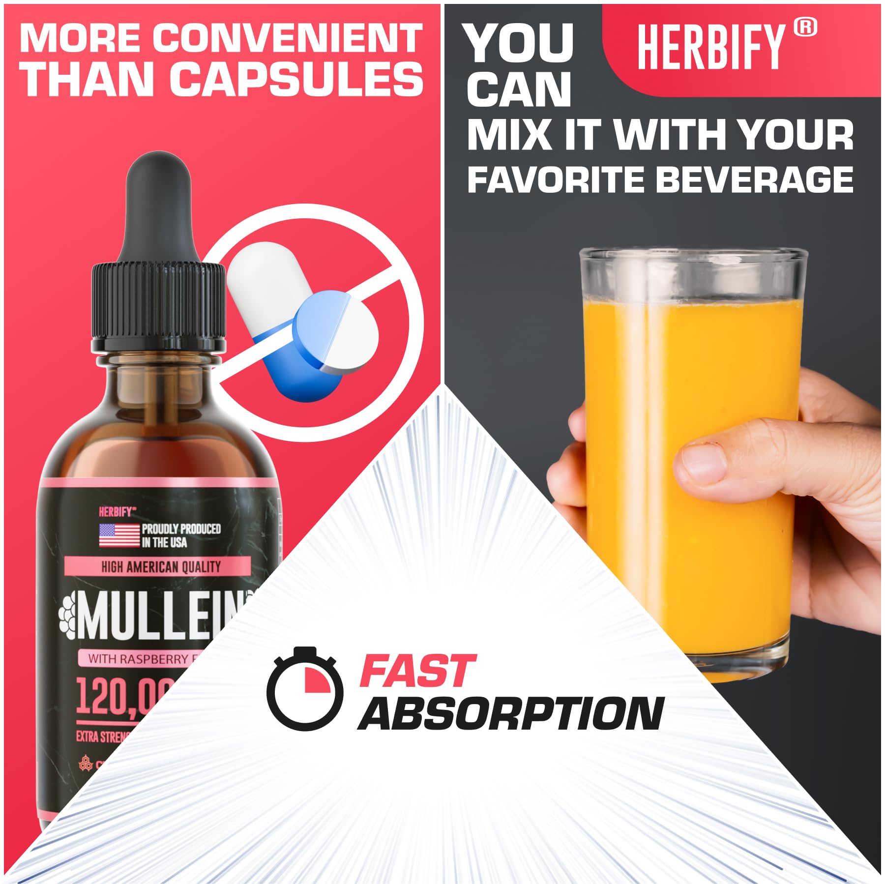 Packaging with simple mixing and dosing instructions for HERBIFY Mullein Drops.