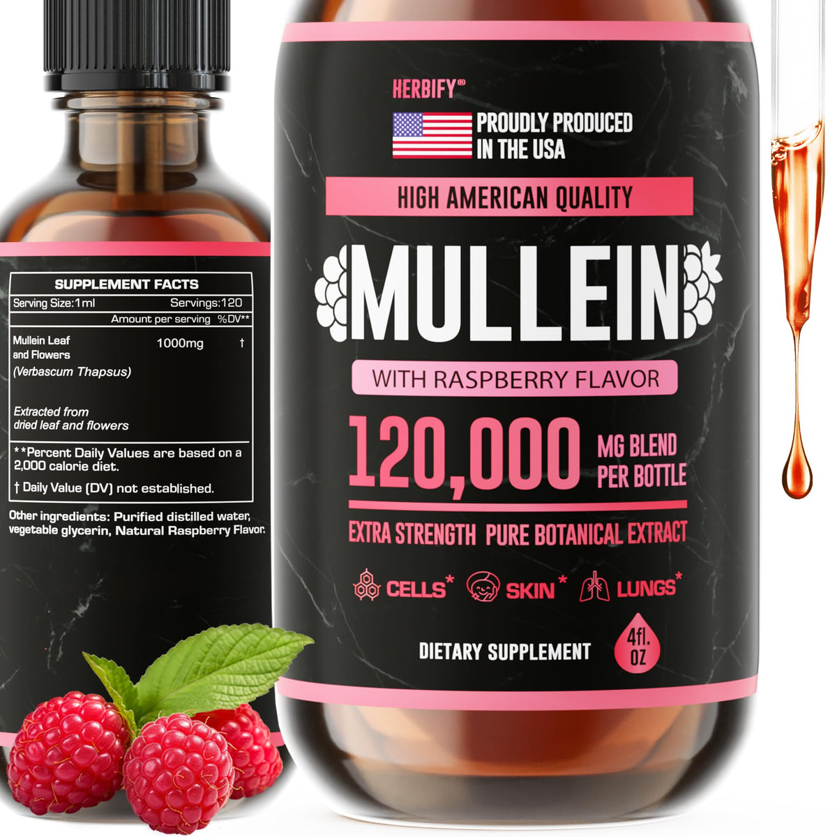 HERBIFY Mullein Drops raspberry bottle ready for daily respiratory support.