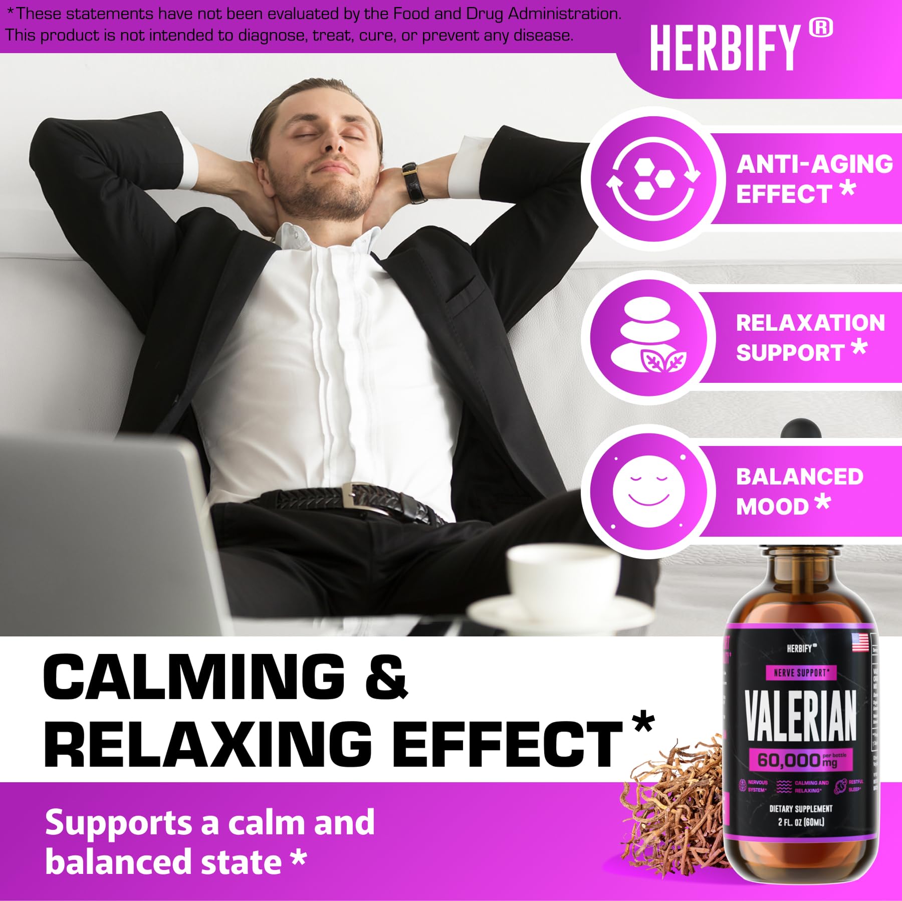 Herbify Valerian drops close-up emphasizes pure ingredients for calm support.