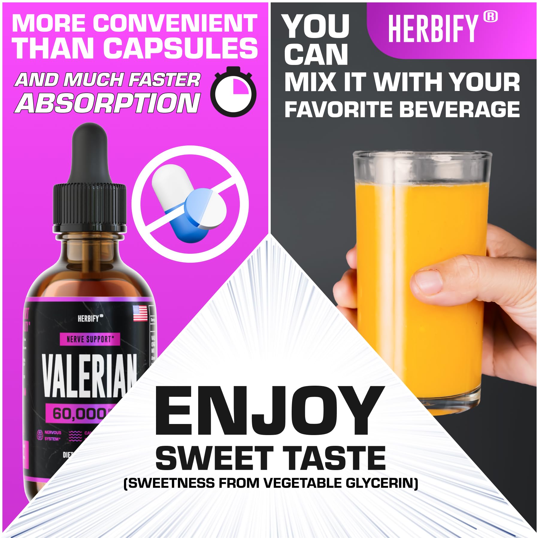 Herbify Valerian drops measuring cap highlights precise dosing.
