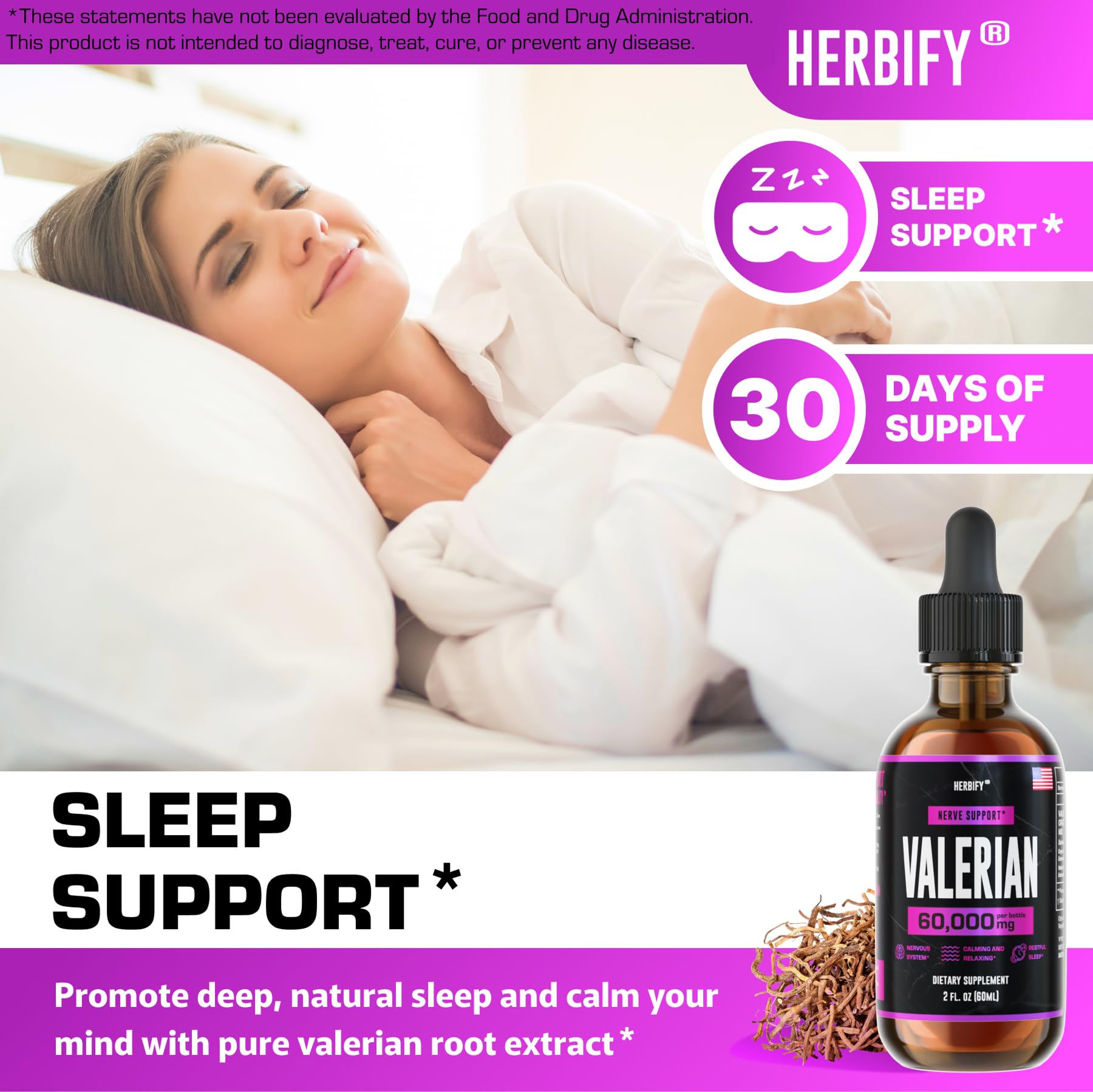 Herbify Valerian tincture bottle highlights convenient nightly use.