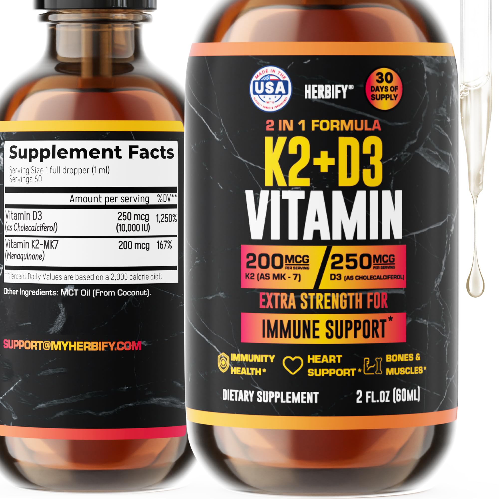 Herbify Vitamin D3 K2 Drops bottle highlights a bone-supporting formula for daily use