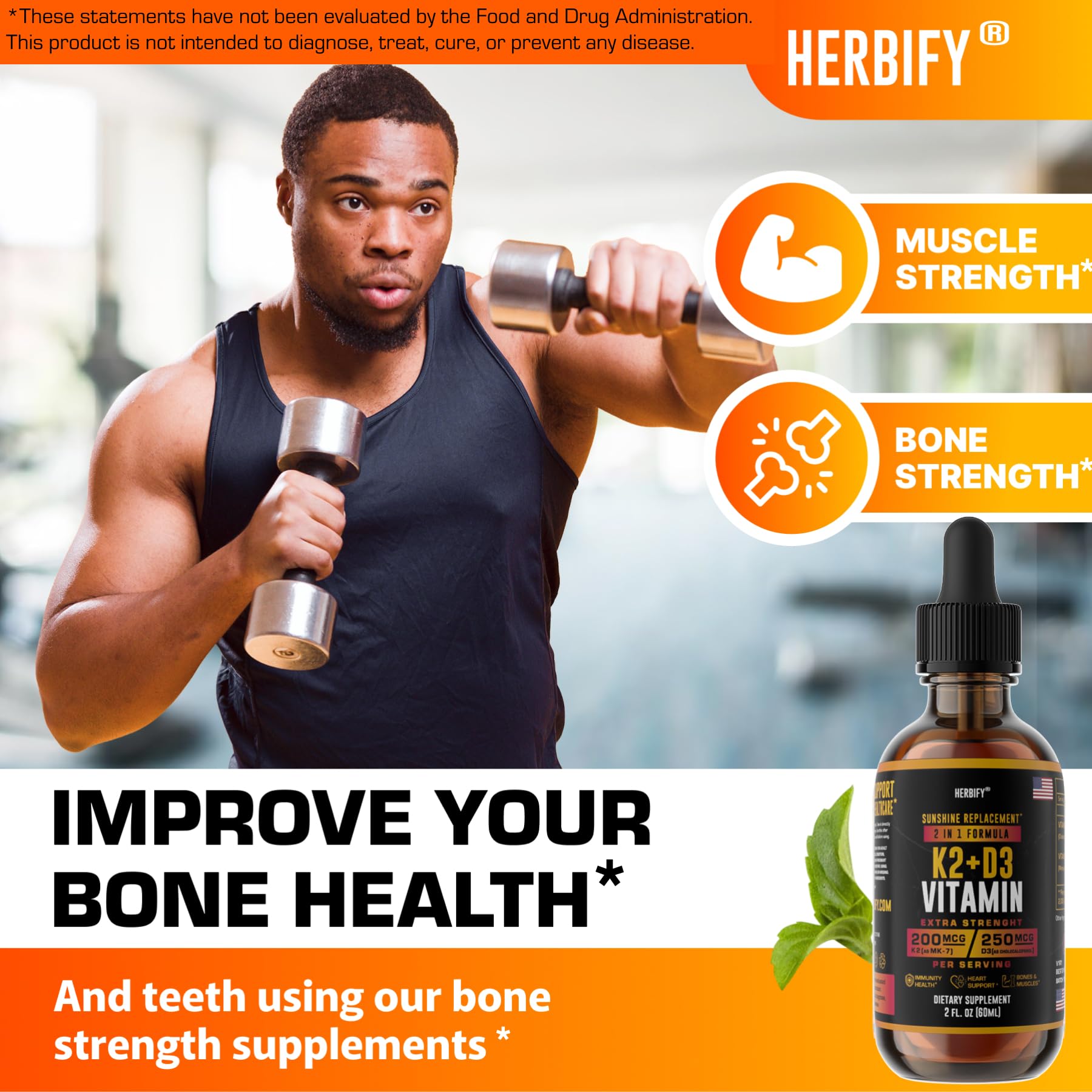 Closeup of Herbify Vitamin D3 K2 Drops label with D3 and K2 information