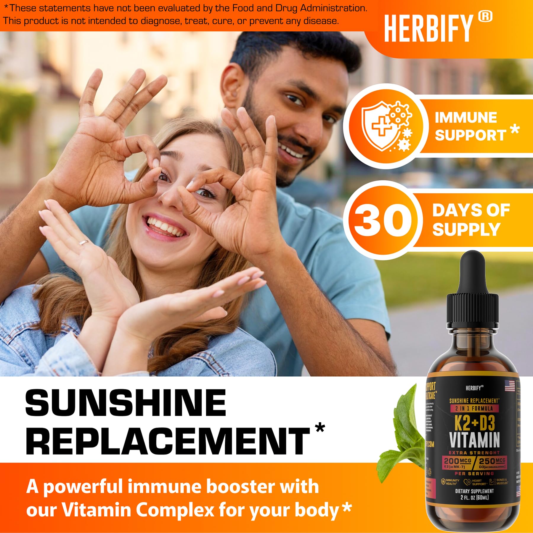 Herbify D3 K2 drops being poured, showing easy dosing for everyday wellness
