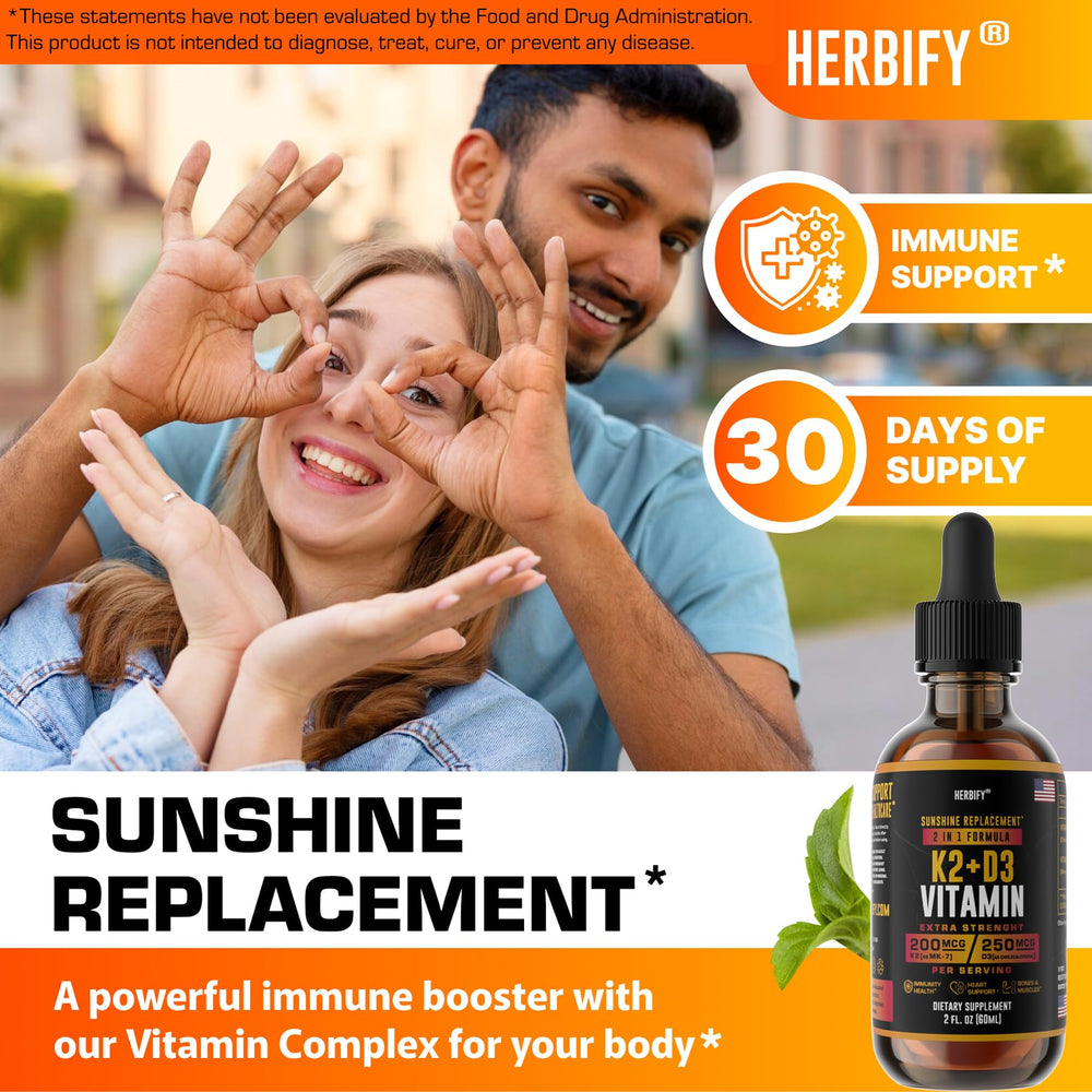 Herbify D3 K2 drops being poured, showing easy dosing for everyday wellness