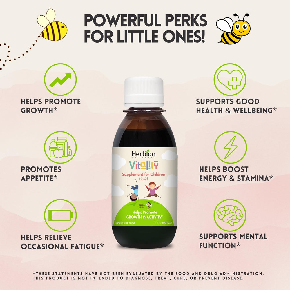 Herbion Naturals Vitalidad Niños etiqueta, frasco colorido que inspira confianza