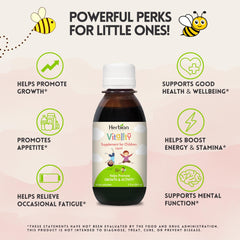 Herbion Naturals Vitalidad Niños etiqueta, frasco colorido que inspira confianza
