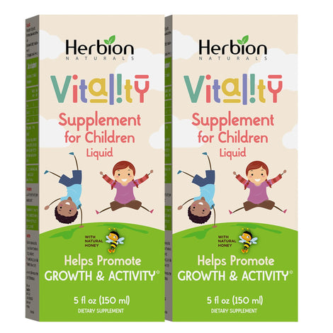 Herbion Vitality for Kids bottle pour, showing easy dosing and palatable syrup.