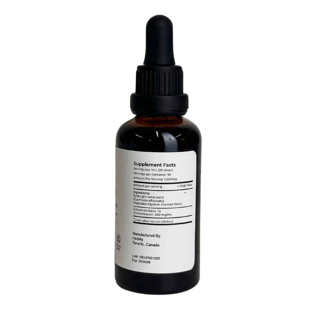 Herbity Eyebright tincture with clear bottle showing traditional herbal blend.