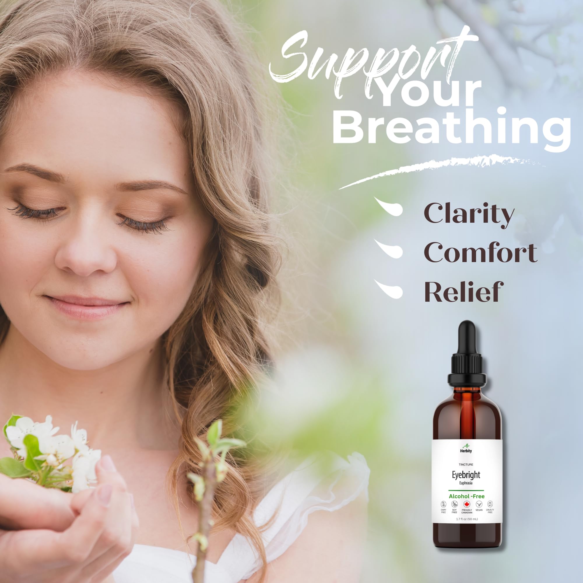 Herbity Eyebright tincture label closeup emphasizing vegan, non-GMO, gluten-free attributes.