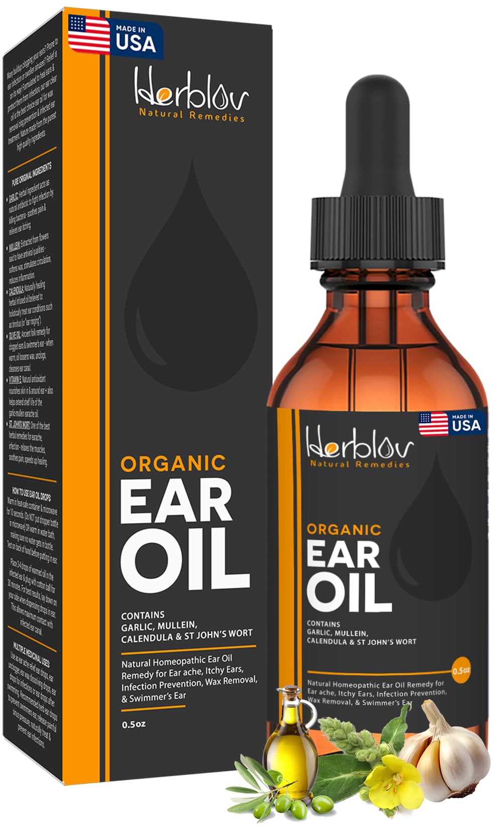 Herblov Organic Ear Oil with mullein and garlic for soothing ear care.
