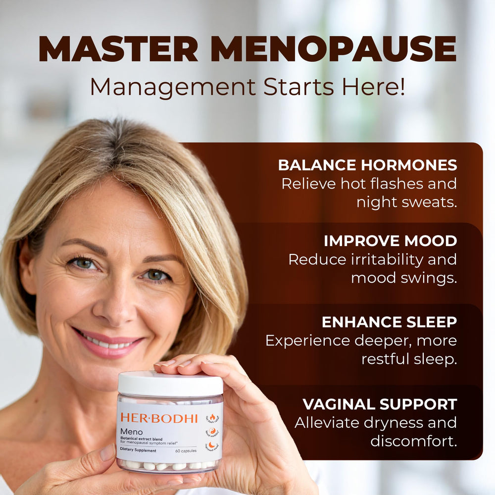 Her Bodhi MENO capsules closeup highlighting hormone-free formula for comfort