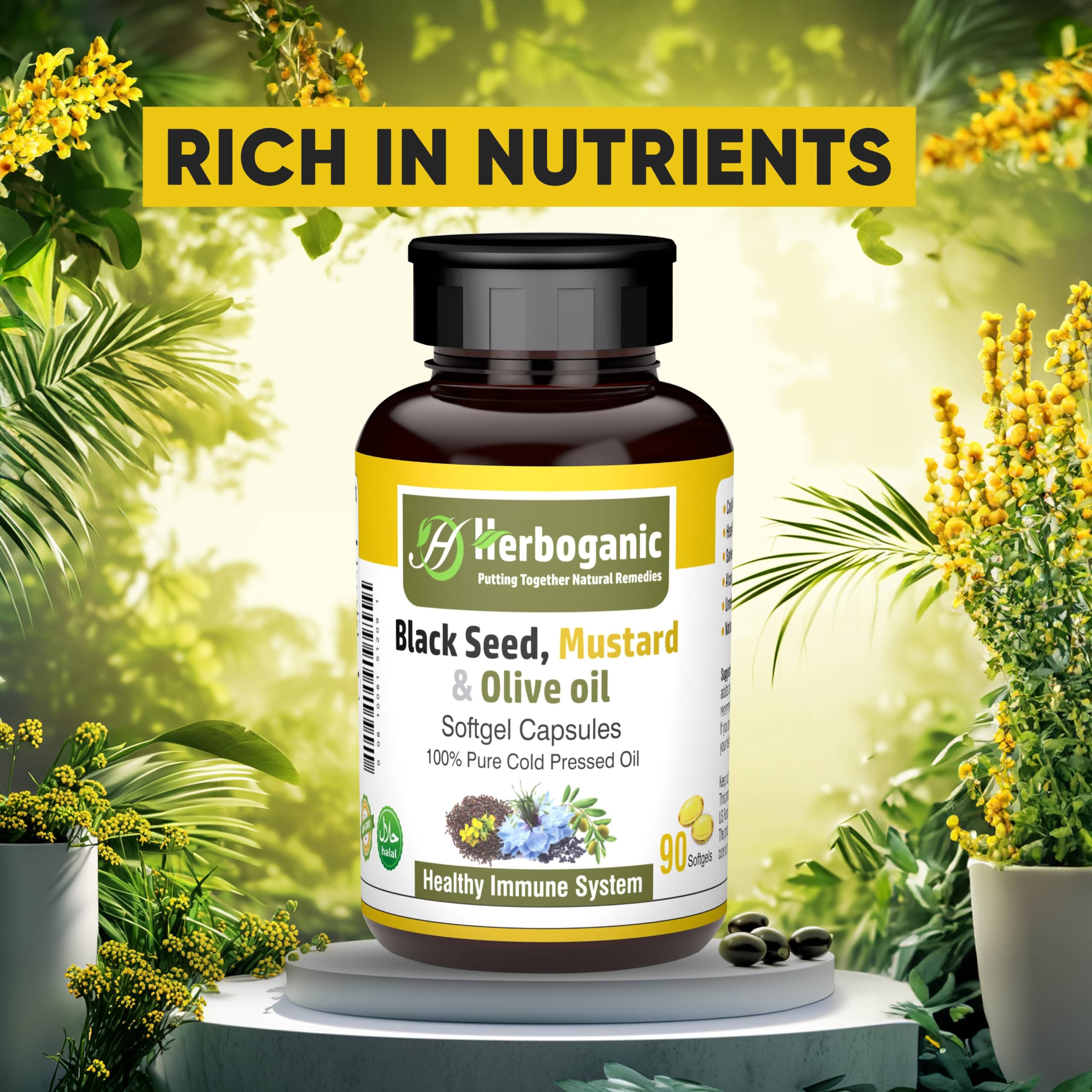 HERBOGANIC softgels shown with a meal to suggest daily use
