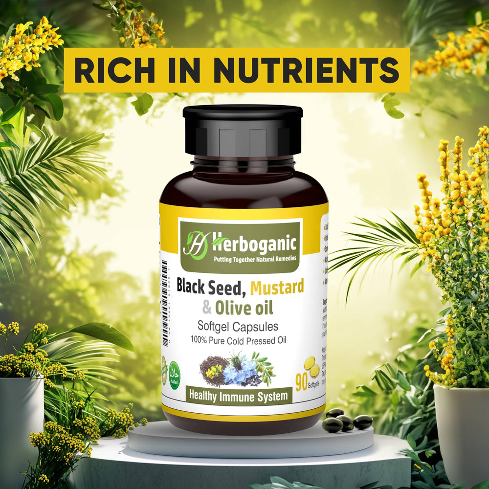 HERBOGANIC softgels shown with a meal to suggest daily use