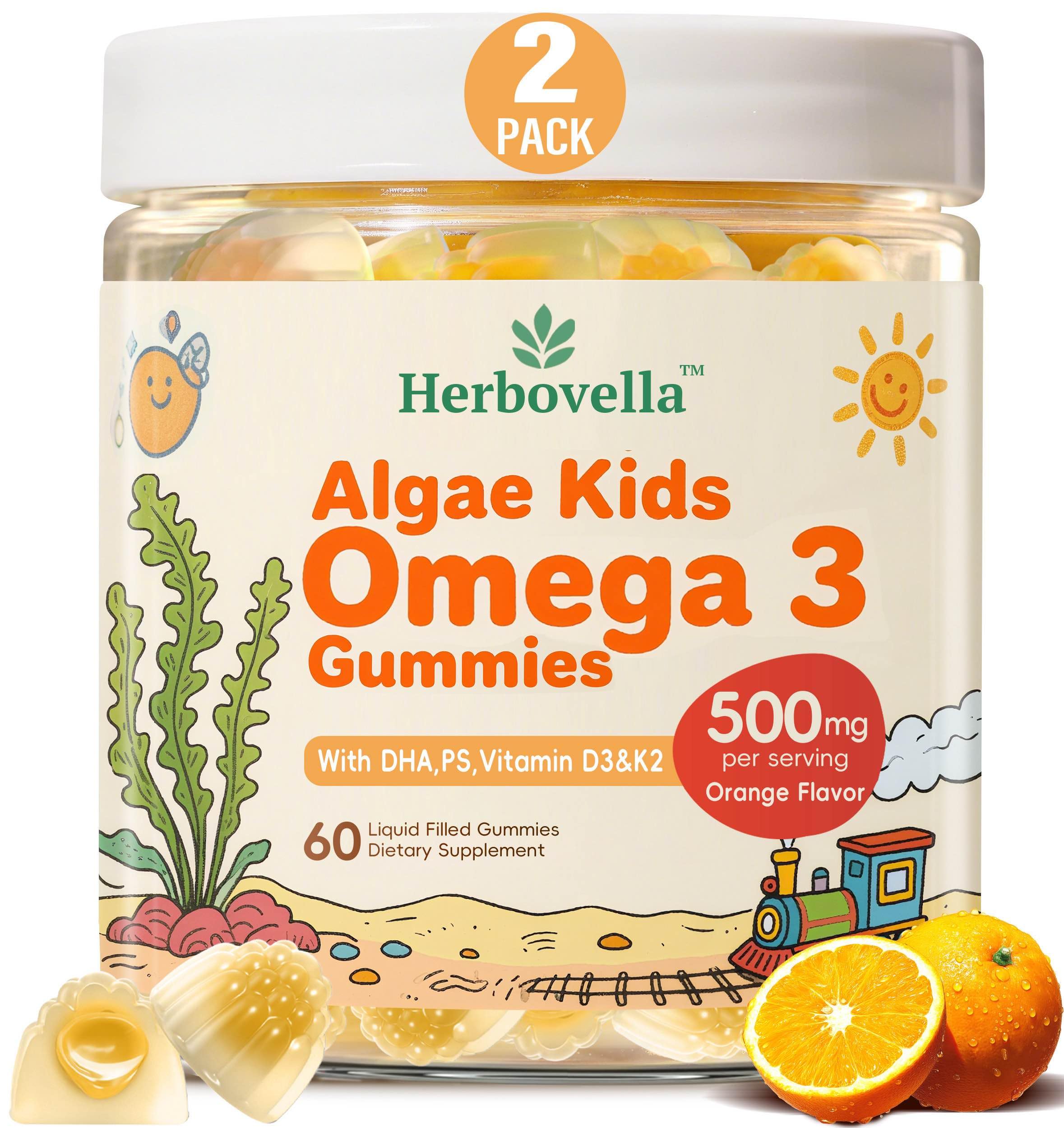 Herbovella kids algae omega-3 gummies bottle showing vegan formula and no fishy aftertaste