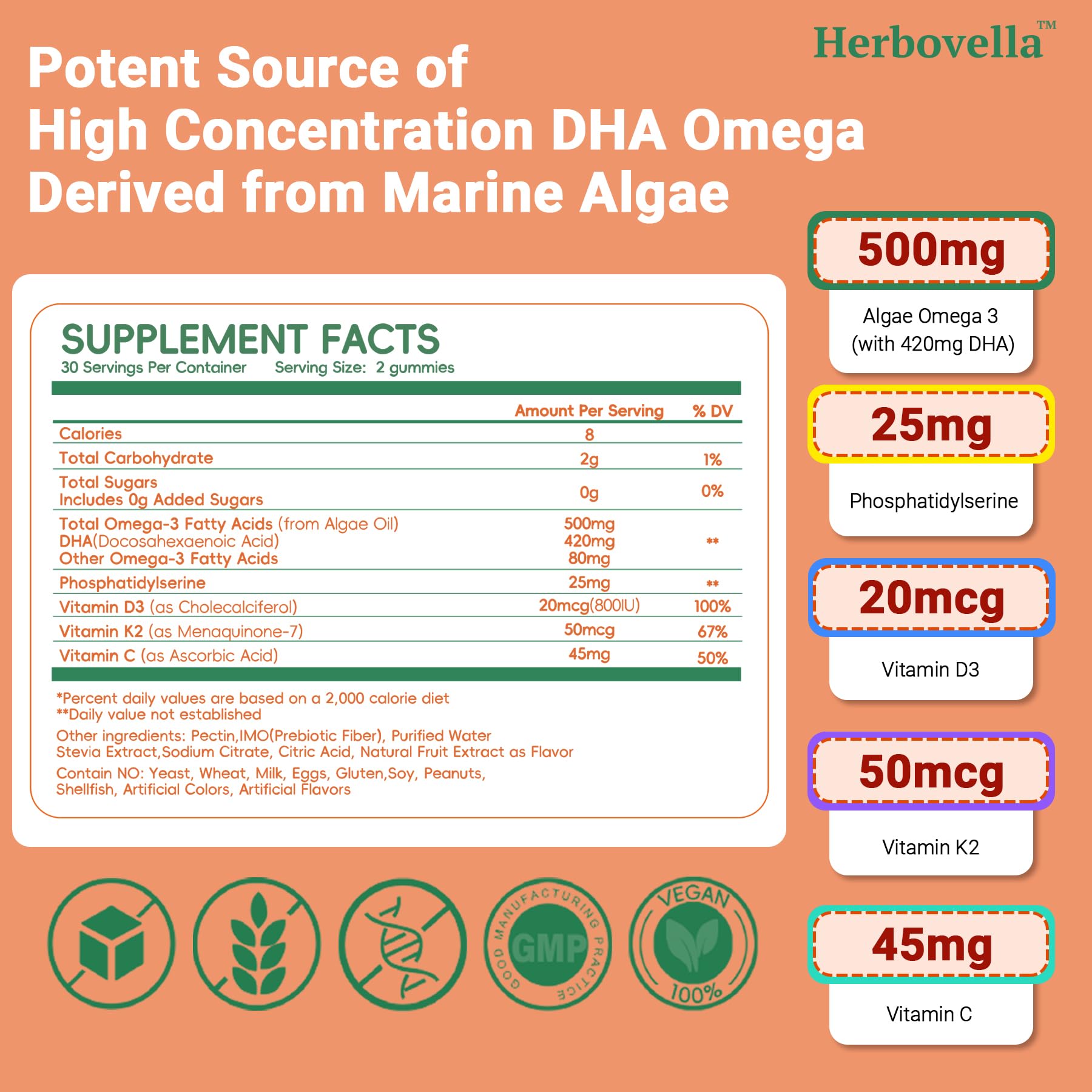 Herbovella algae omega-3 gummies orange flavor appealing to kids