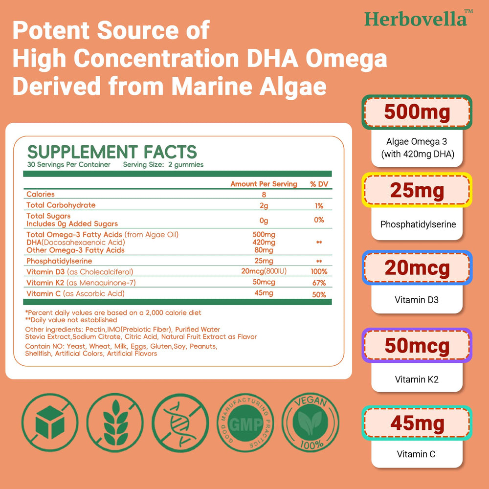Herbovella algae omega-3 gummies orange flavor appealing to kids