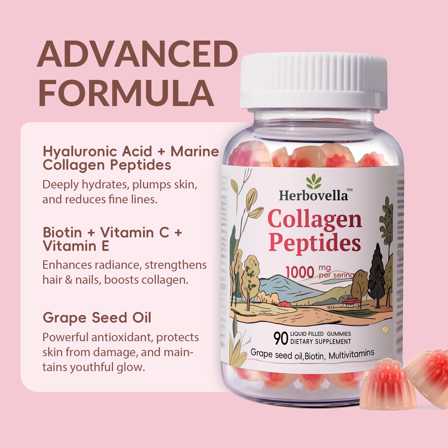 Herbovella Marine Collagen Gummies hyaluronic acid closeup emphasizes hydration and care