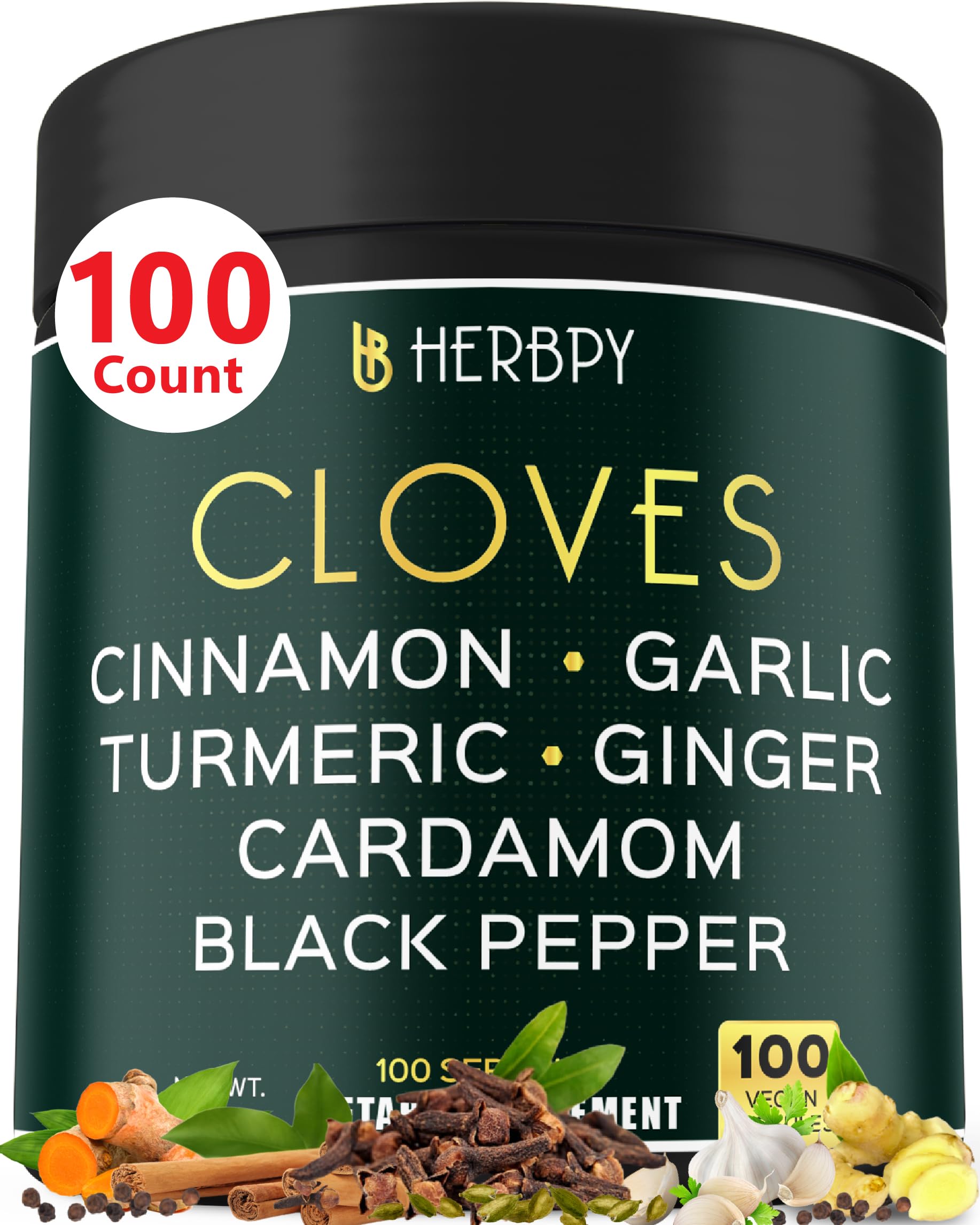 Herbpy 7in1 clove supplement bottle with vegan capsules for daily digestion support.