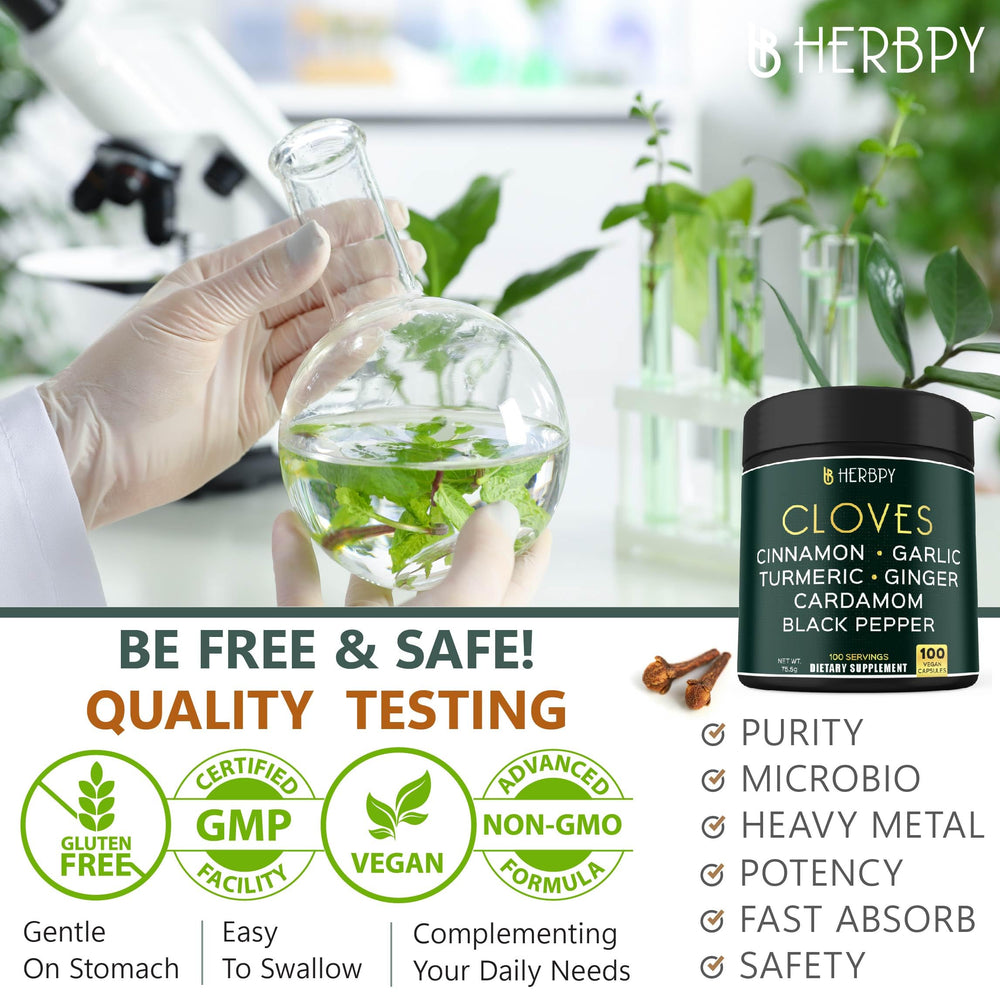Herbpy packaging highlights purity and safety with GMP and ISO notes.