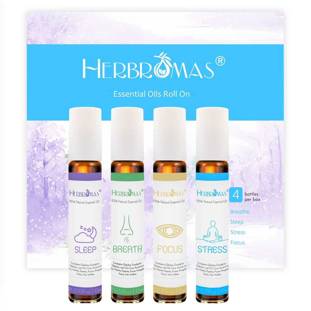 HERBROMAS Aromatherapy Oils Roller Set glass rollerball closeup for travel-friendly use.
