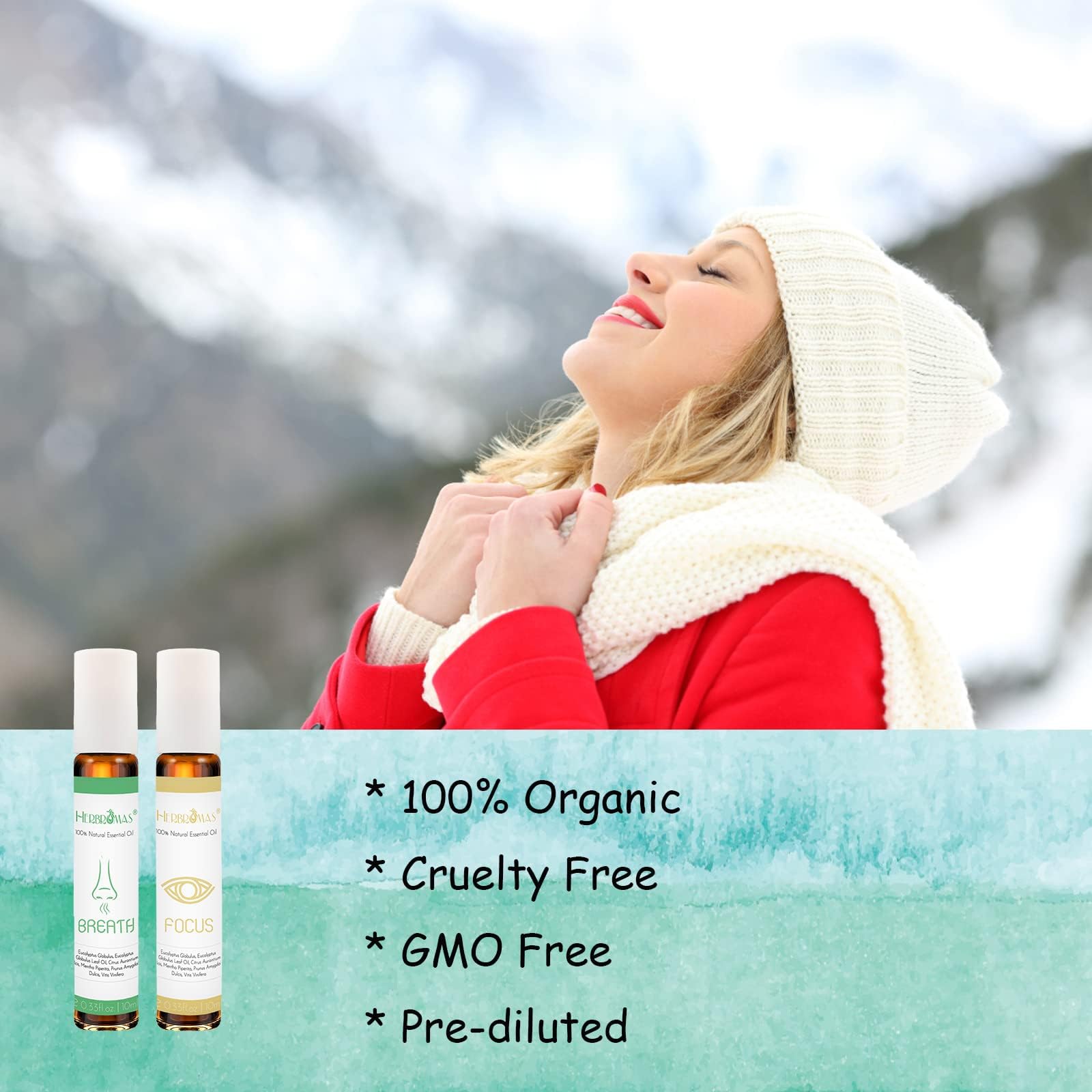 HERBROMAS Aromatherapy Oils Roller Set blends with floral, citrus, woodsy, and minty notes.