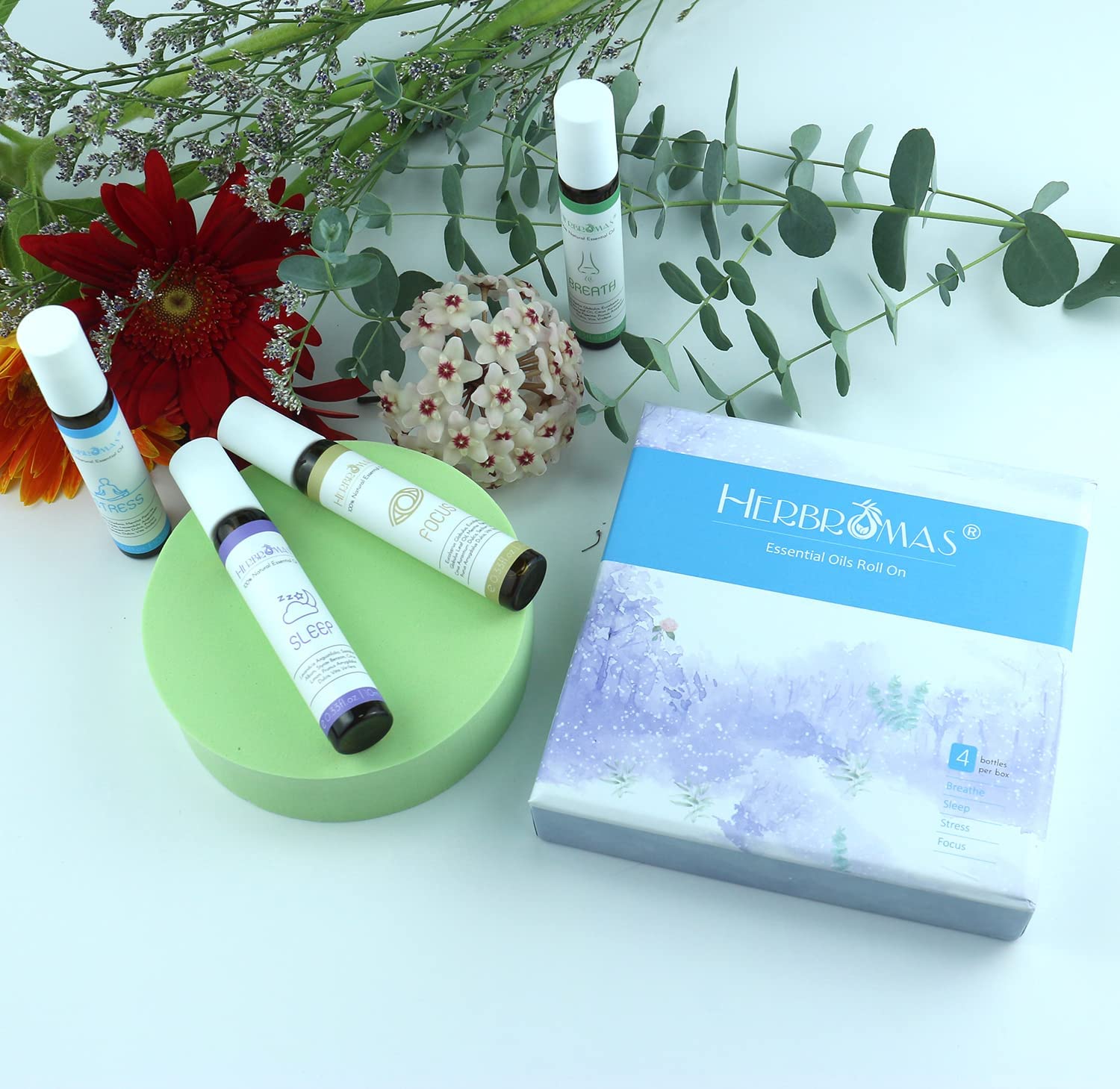 HERBROMAS Aromatherapy Oils Roller Set glass rollerball design enables easy application anywhere.