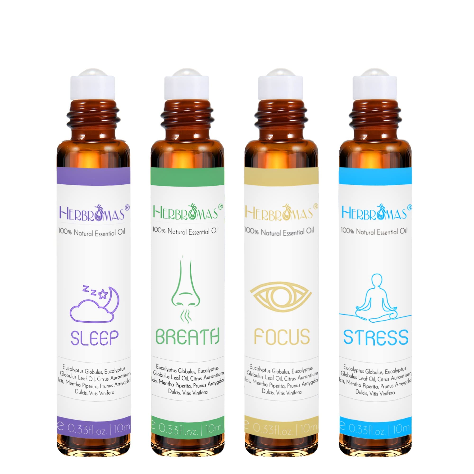 HERBROMAS Aromatherapy Oils Roller Set bottle closeup for easy on-skin application.