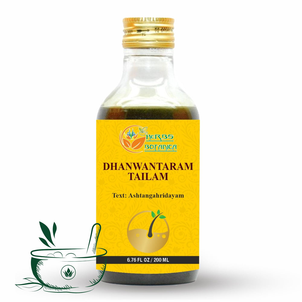 Herbs Botanica Dhanwantharam Thailam bottle for massage and skin nourishment