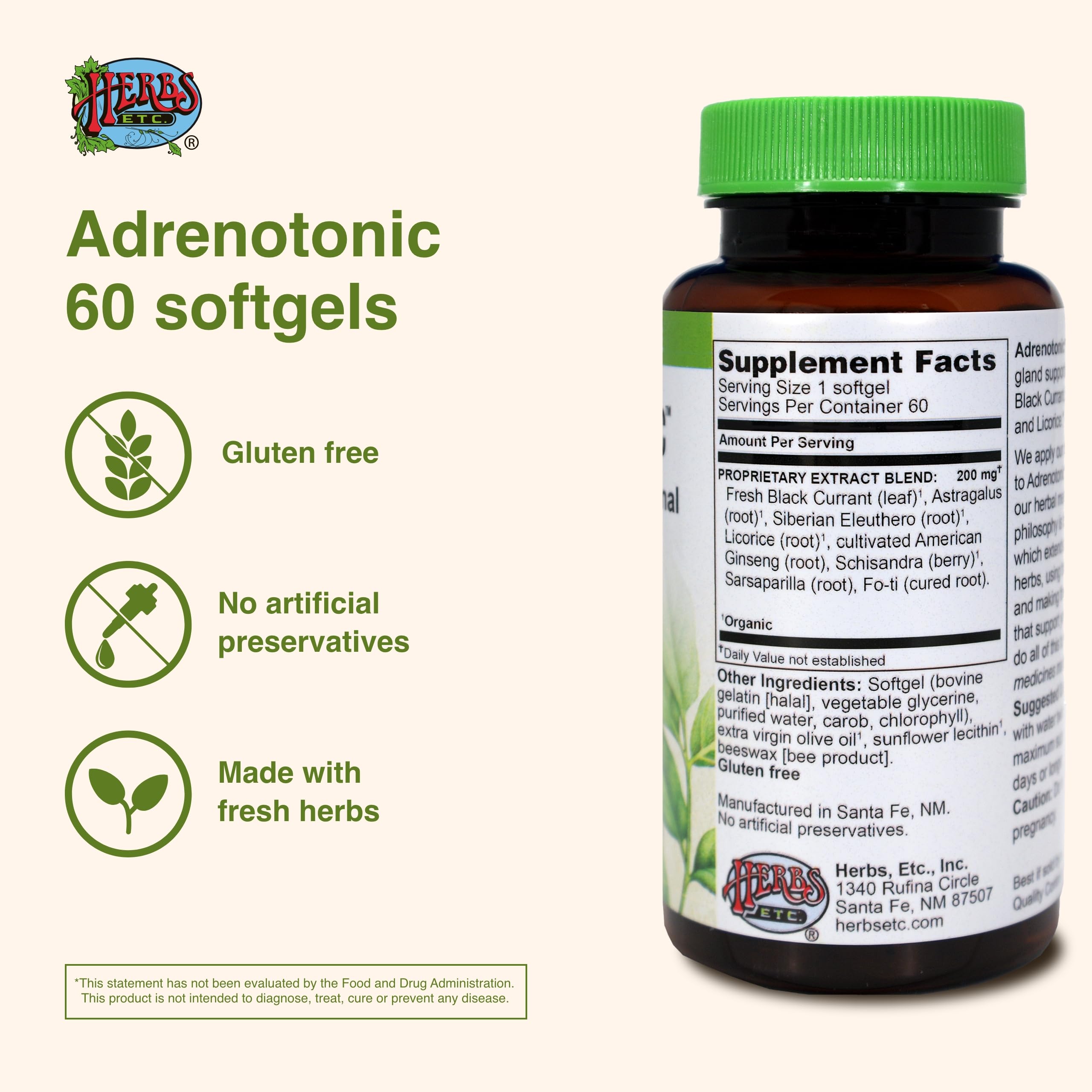 Herbs Etc. Adrenotonic label-detail emphasizes herbal ingredients.
