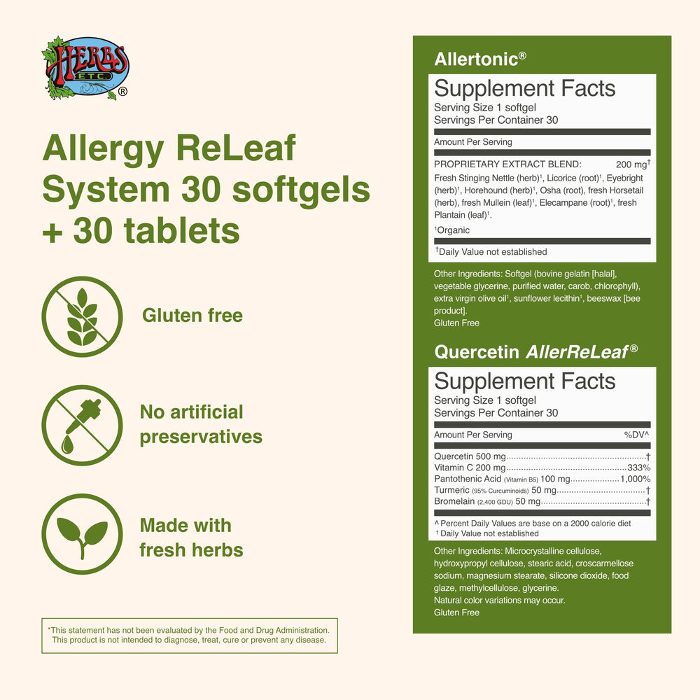 Herbs Etc Allergy ReLeaf tablets bottle indicating multiple serving options
