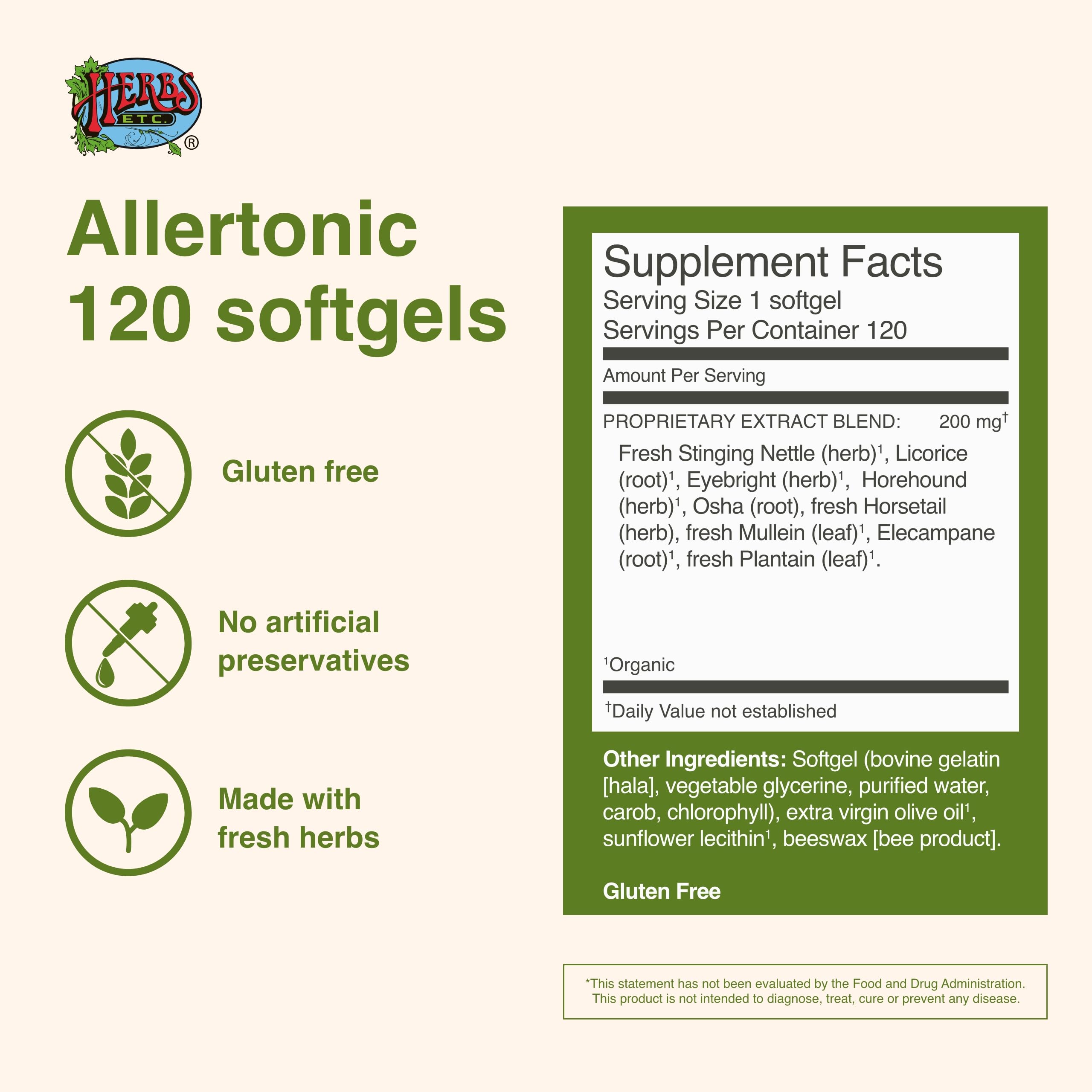 Herbs Etc. Allertonic softgels on a clean surface for daily use.