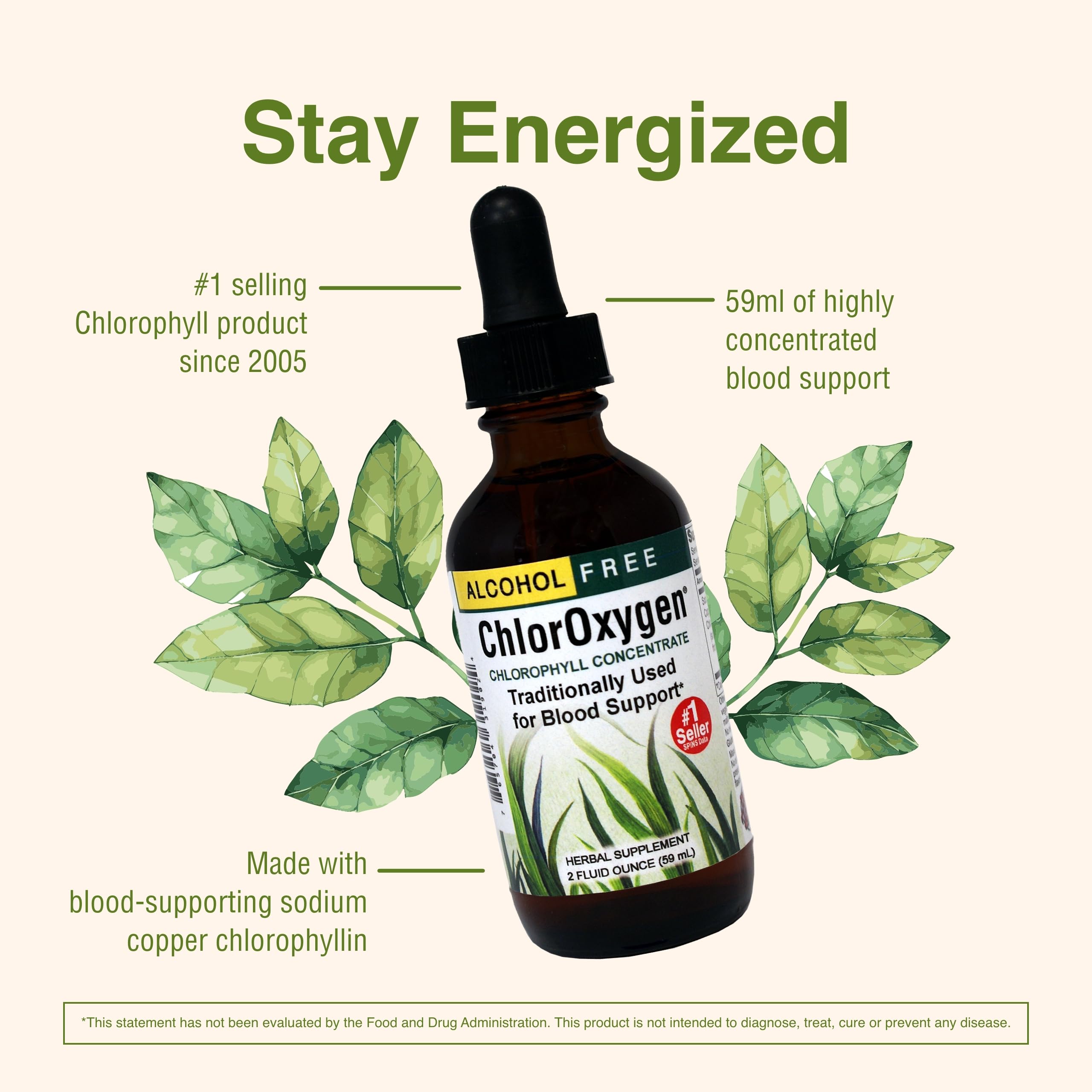 Herbs Etc. ChlorOxygen amber liquid in a glass conveys purity.