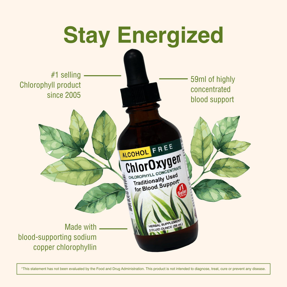 Herbs Etc. ChlorOxygen amber liquid in a glass conveys purity.
