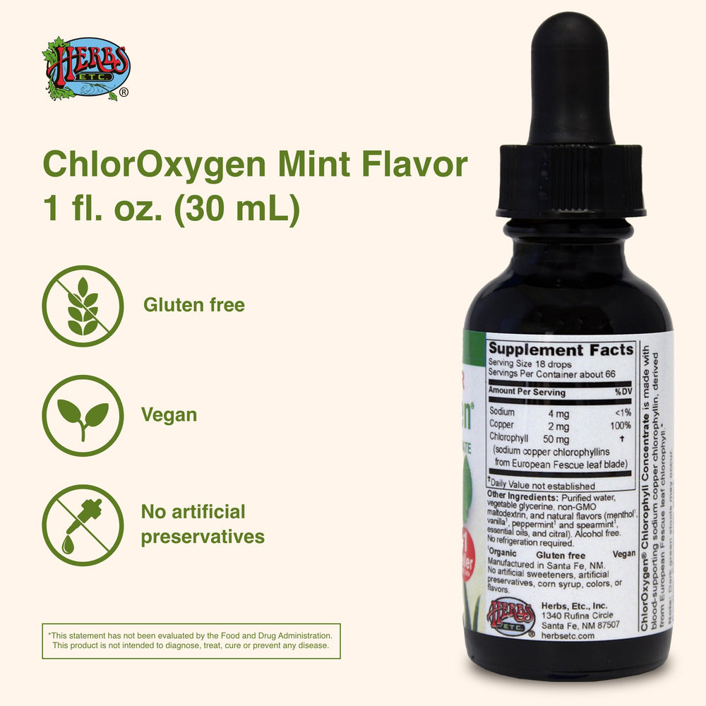 Herbs Etc. ChlorOxygen etiqueta presenta ingredientes y uso seguro