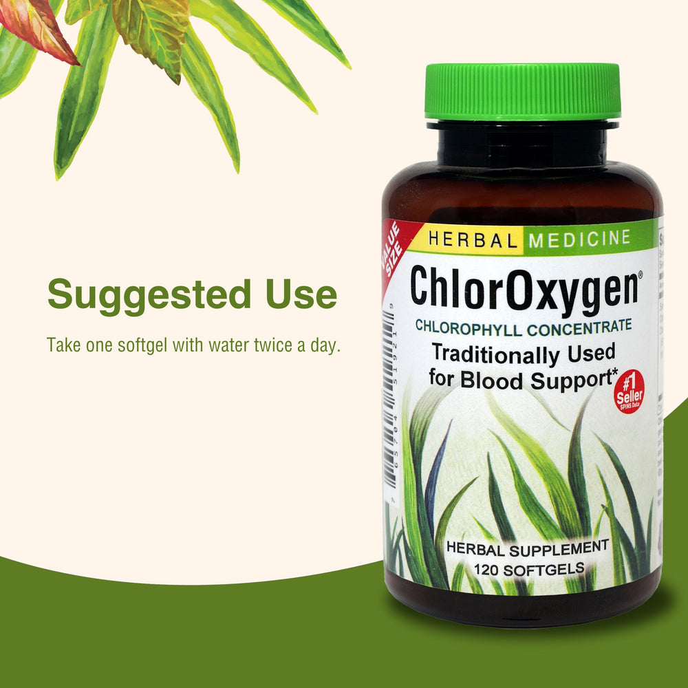 Herbs Etc. ChlorOxygen health balance scene implies blood support and vitality
