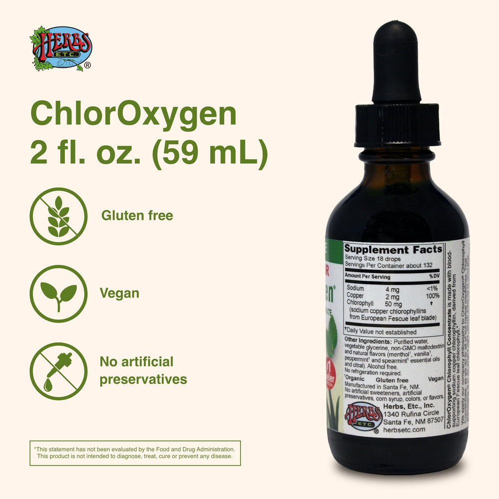 Herbs Etc. ChlorOxygen label close-up reveals ingredients and dosage guidance.
