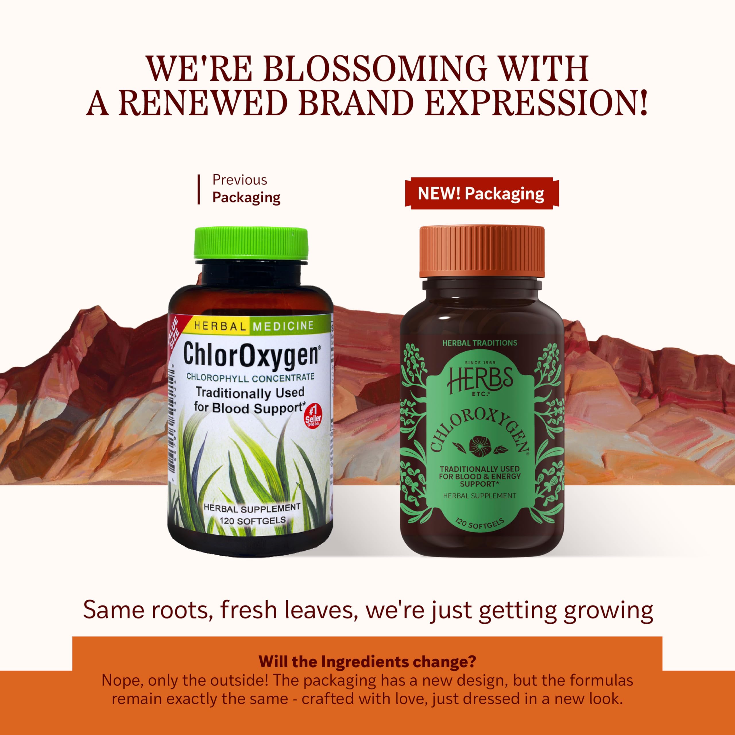 Herbs Etc. ChlorOxygen softgel closeup highlights convenient capsules for on-the-go energy
