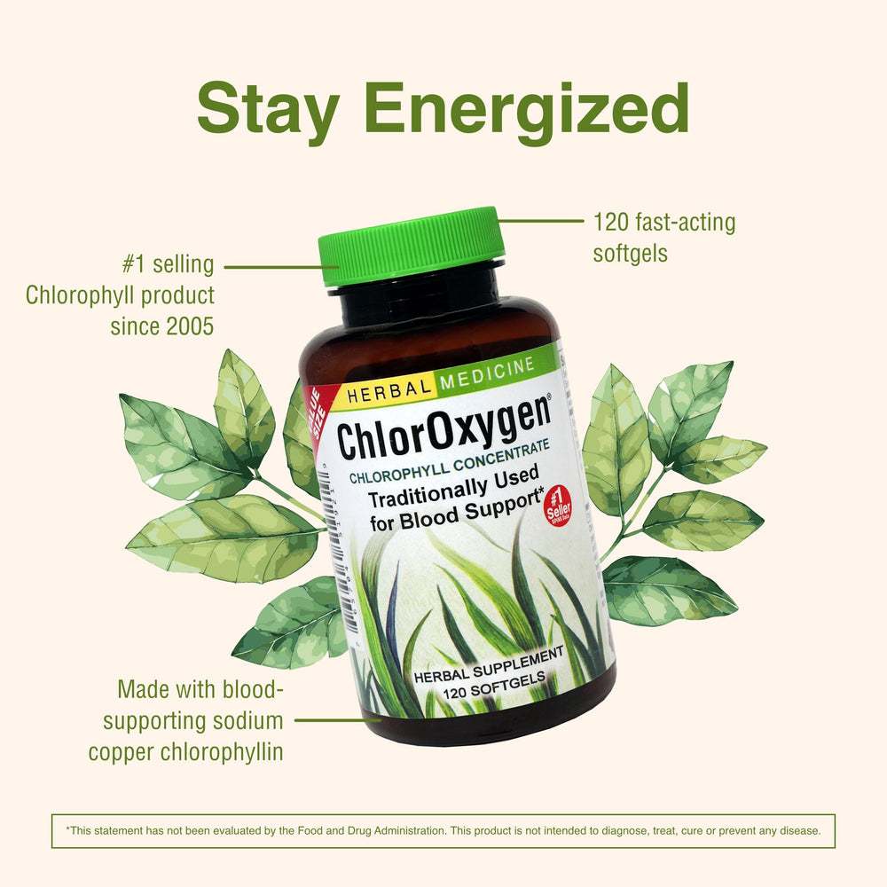 Herbs Etc. ChlorOxygen softgels stacked for simple daily use