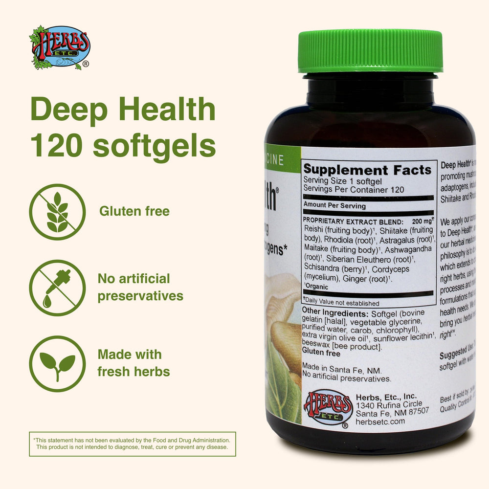 Herbs Etc. Deep Health features reishi mushrooms in a natural supplement blend.