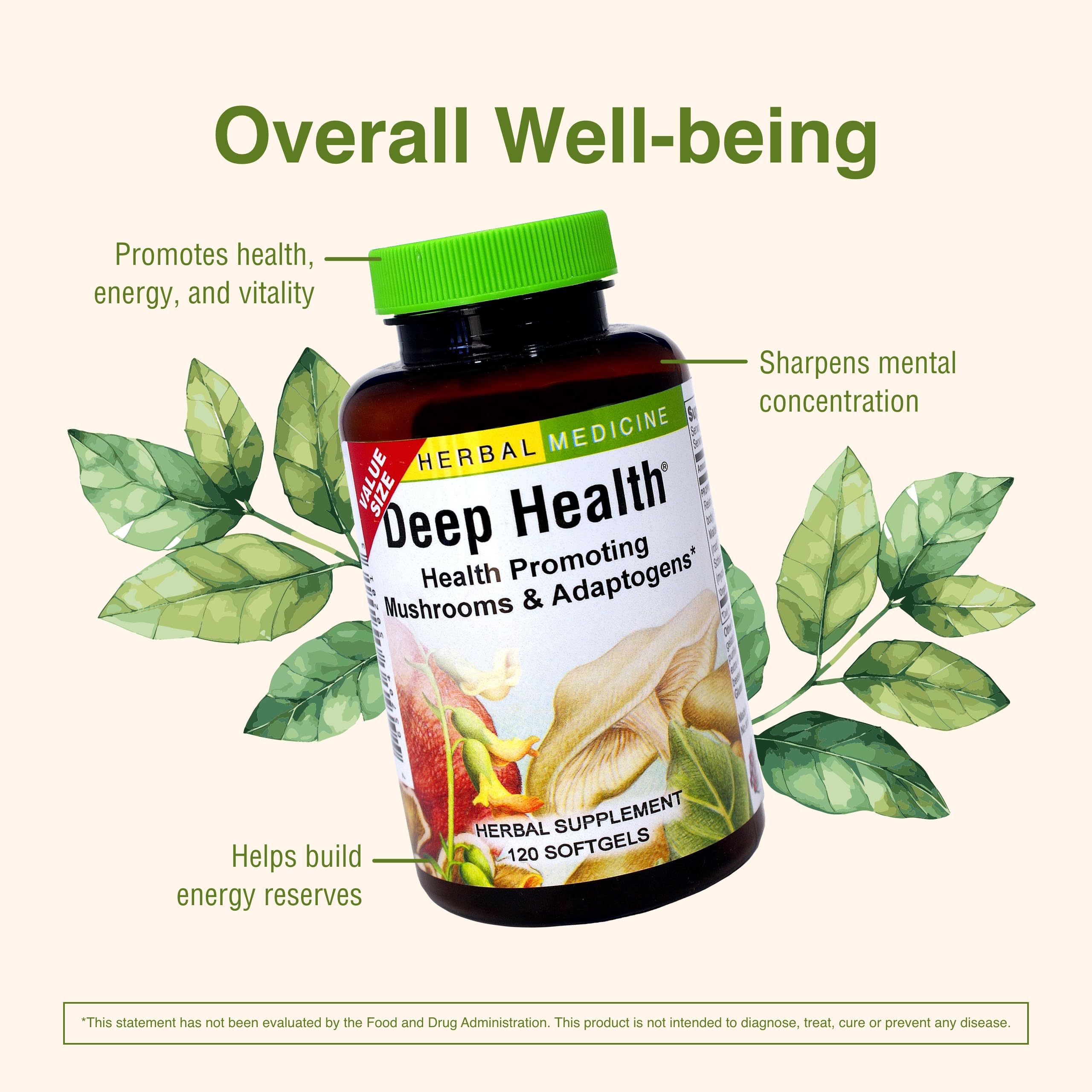 Rhodiola root illustration appears on Herbs Etc. Deep Health packaging for energy balance.